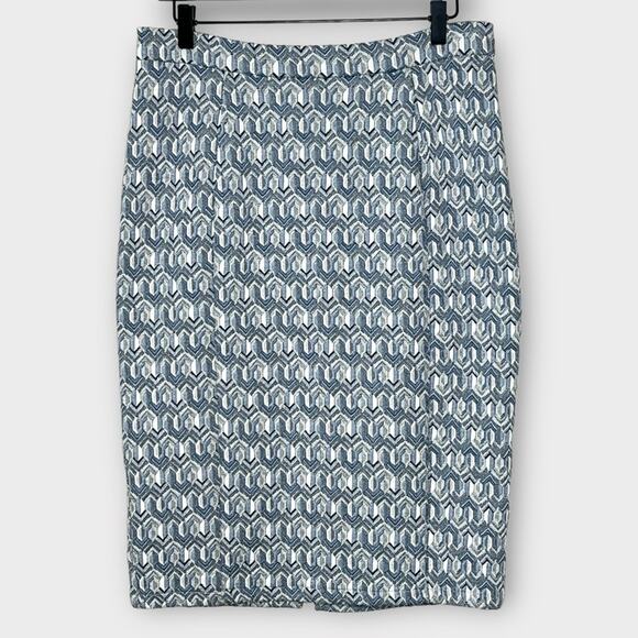ANTHROPOLOGIE Emmy Textured Pencil Skirt Size Medium blue/cream/metallic gold - Picture 2 of 6
